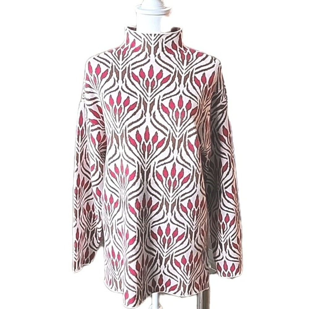 BY DESIGN Sweater Womens Medium Pink White Boho Chic Abstract Floral Warm‎ Cozy
